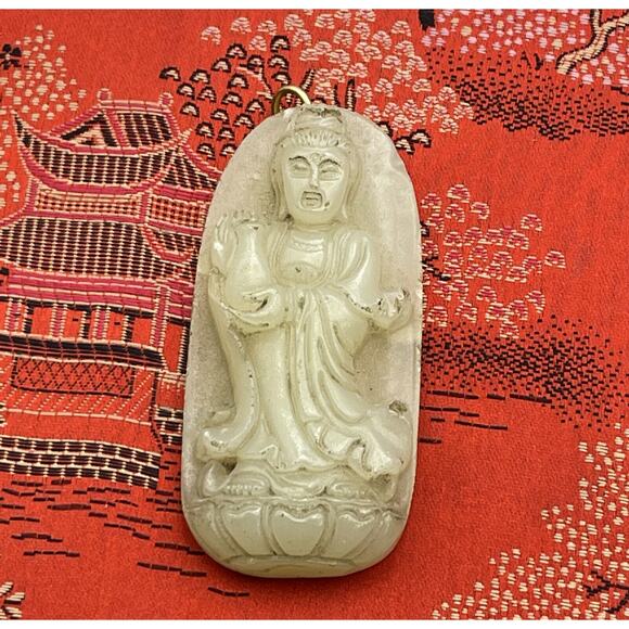200ct Jade Vintage Jadeite Carved Pendant Necklace Buddha Estate Light Green - Picture 3 of 9